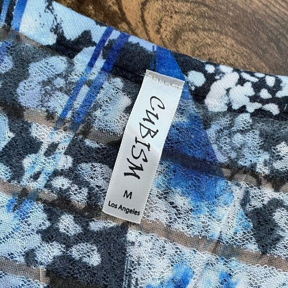 Cubism Womens Cardigan Sz M Indigo Blue Shibori Sublimation Lace Knit Artsy Boho - Picture 7 of 7